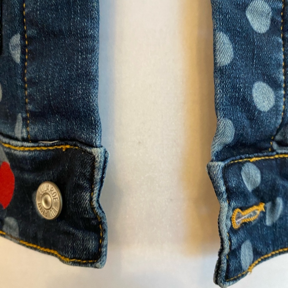 LulaRoe Kenny Denim Jacket Polka Dot, Hearts, Dark/Light Blue, Size Extra Small - Picture 11 of 13